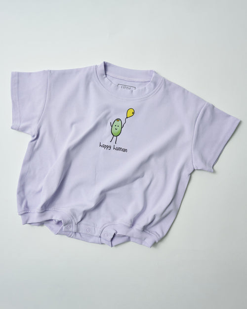Front view of Happy Human baby romper in lilac organic cotton with olive digital print.