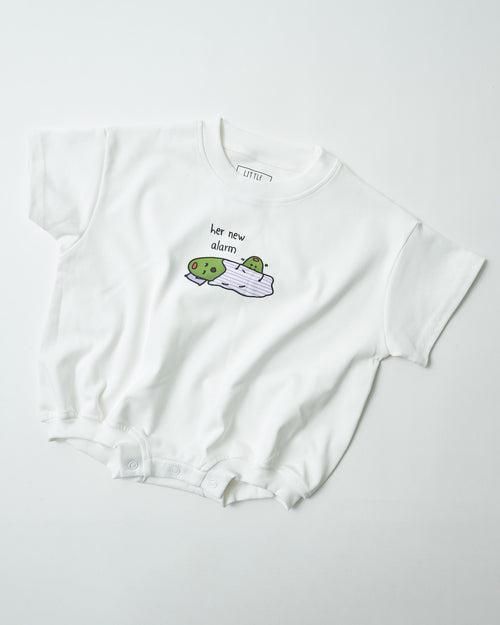 Front view of "Her New Alarm" funny baby romper in snow organic cotton.