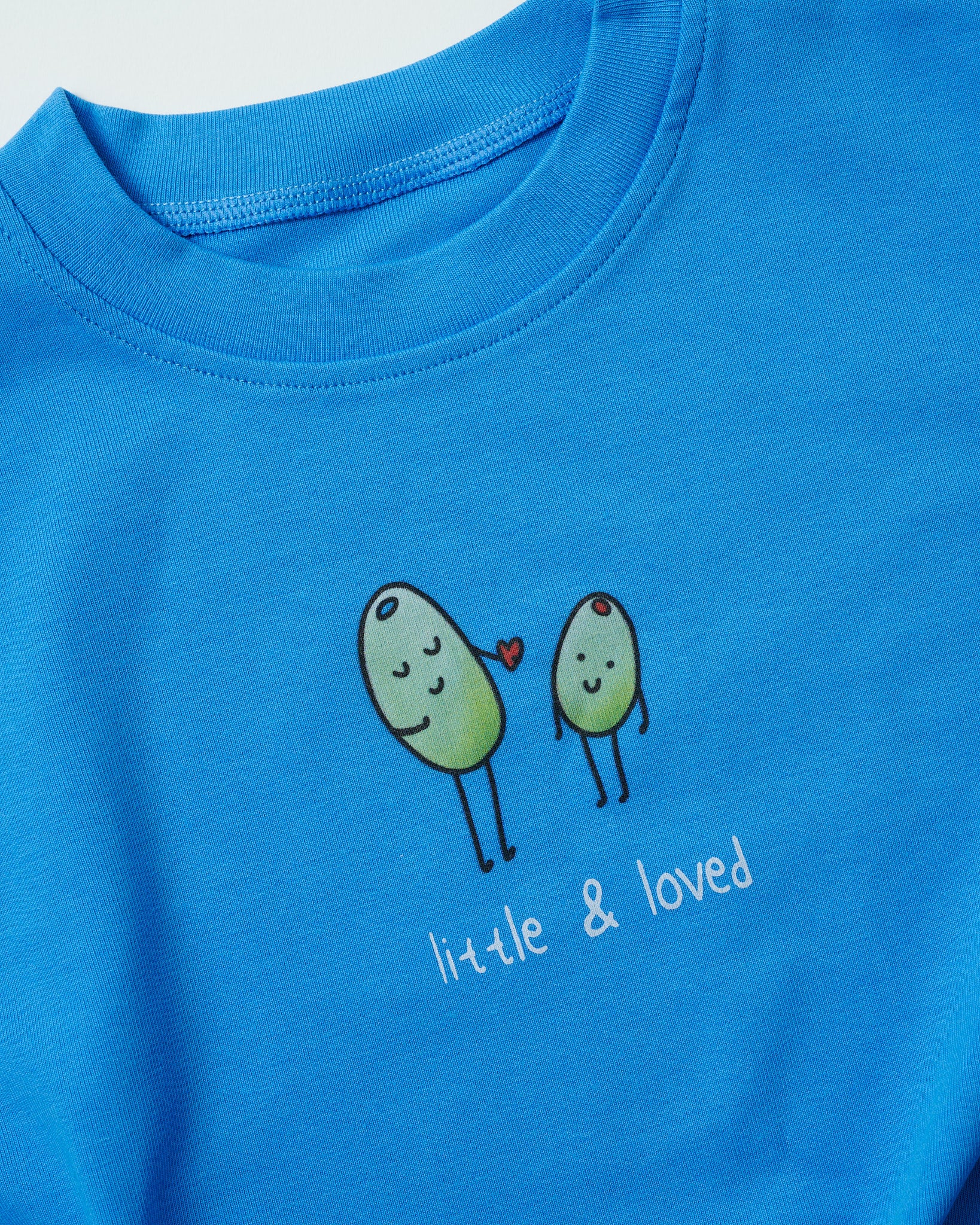 Detailed shot of the "Little & Loved" heart-sharing olive print on sky blue fabric.